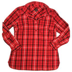 Talbots Shirt Perfect Tunic Top Red Plaid Long Sleeve Popover Women's 2 No‎ Iron